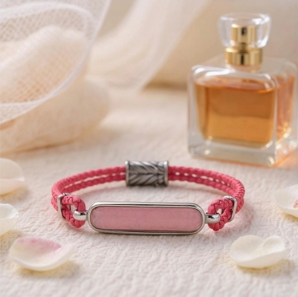 Galilea Rose Quartz Bracelet | 8" Leather Stainless Magnetic Clasp Unisex NWT - Picture 1 of 13
